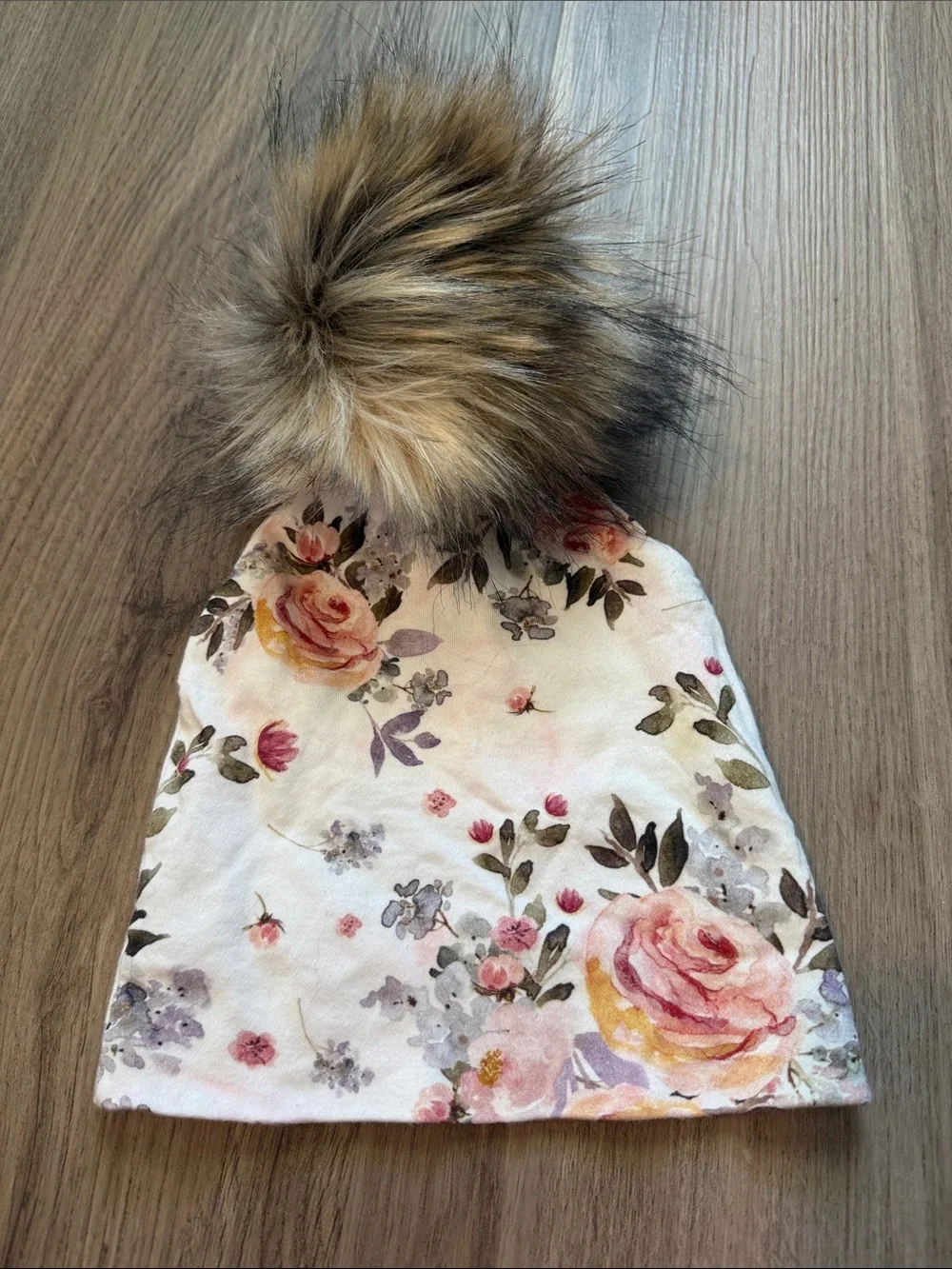 Floral Kids Beanie with Faux Fur Pom - Pink & Cream